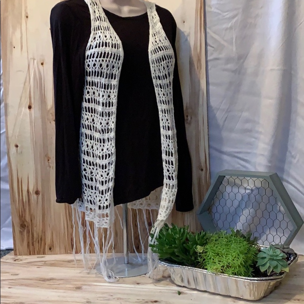 Creamed colored macrame fringed vest